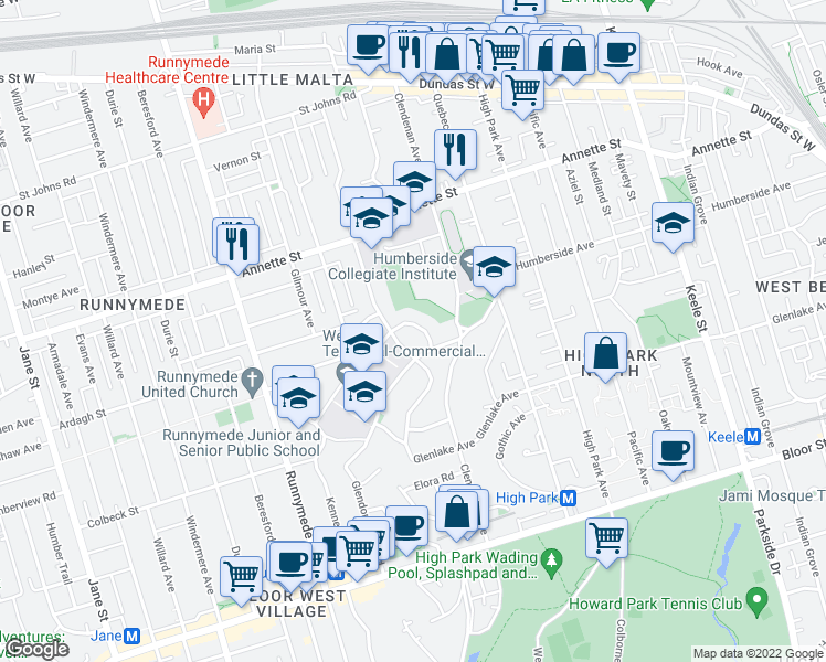 map of restaurants, bars, coffee shops, grocery stores, and more near 13 Evelyn Crescent in Toronto
