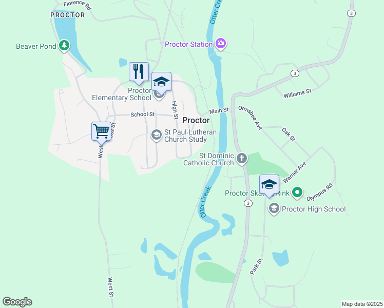 map of restaurants, bars, coffee shops, grocery stores, and more near 69 Pine Street in Proctor