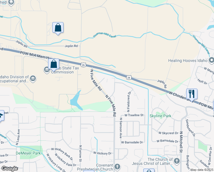 map of restaurants, bars, coffee shops, grocery stores, and more near 5850 North Five Mile Road in Boise