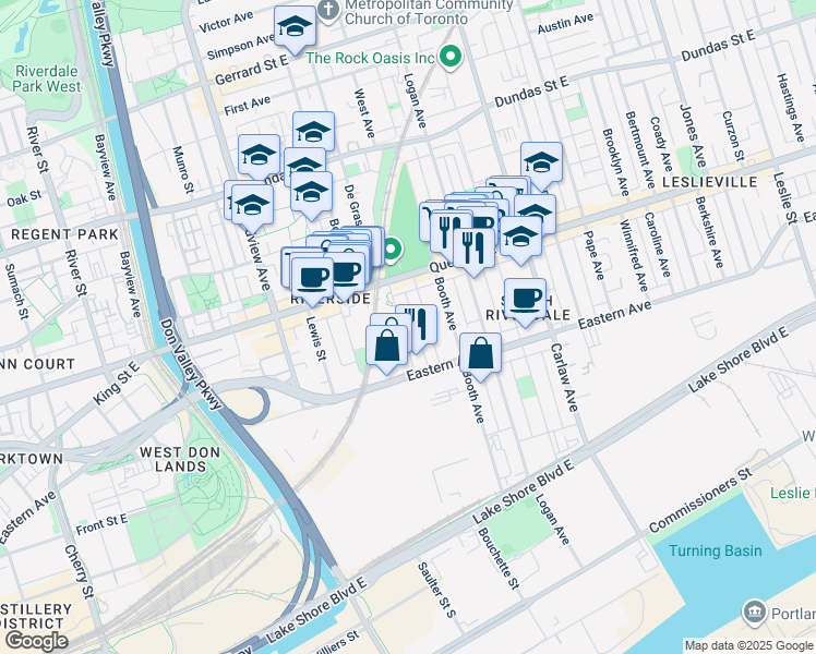 map of restaurants, bars, coffee shops, grocery stores, and more near 45 McGee Street in Toronto