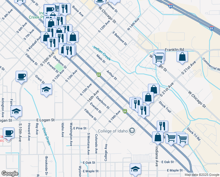 map of restaurants, bars, coffee shops, grocery stores, and more near 1620 Blaine Street in Caldwell