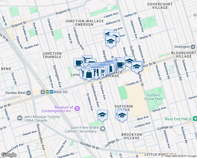 map of restaurants, bars, coffee shops, grocery stores, and more near Bloor St W & St Clarens Ave in Toronto