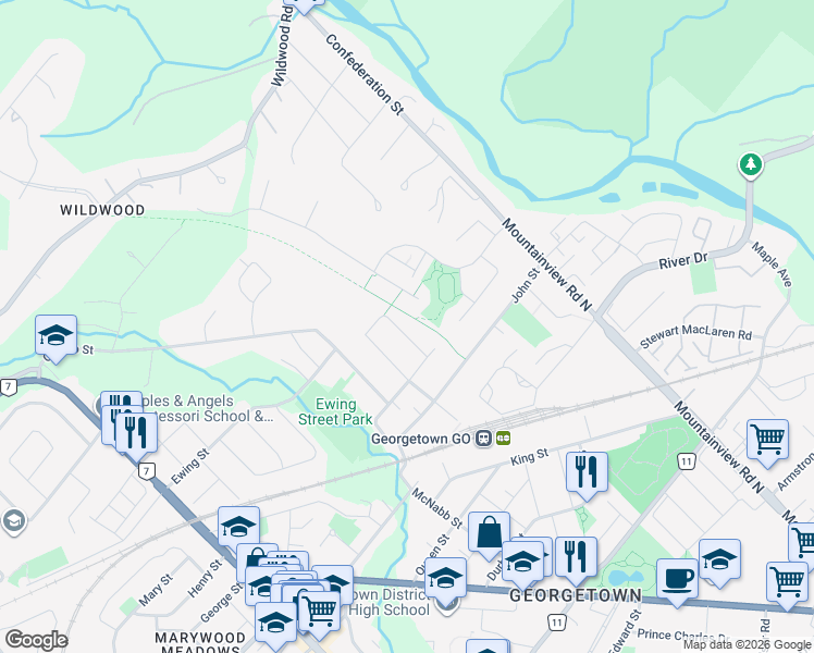 map of restaurants, bars, coffee shops, grocery stores, and more near in Halton Hills