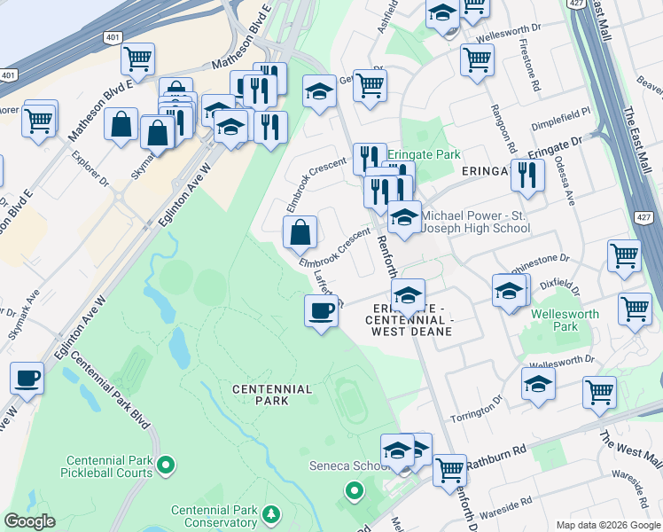 map of restaurants, bars, coffee shops, grocery stores, and more near 19 Elmbrook Crescent in Toronto