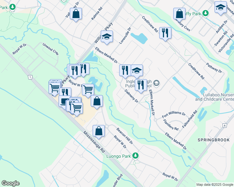 map of restaurants, bars, coffee shops, grocery stores, and more near Canis Street in Brampton