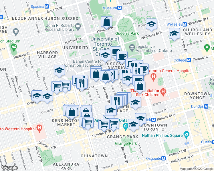 map of restaurants, bars, coffee shops, grocery stores, and more near 184 College Street in Toronto
