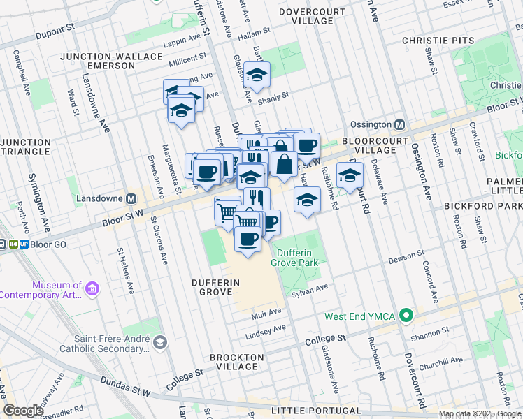 map of restaurants, bars, coffee shops, grocery stores, and more near Dufferin Street in Toronto