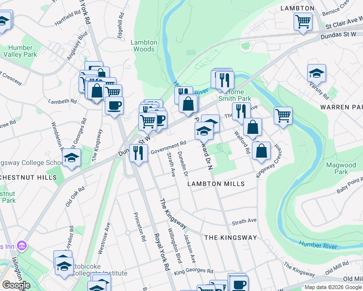 map of restaurants, bars, coffee shops, grocery stores, and more near 103 Dunedin Drive in Toronto