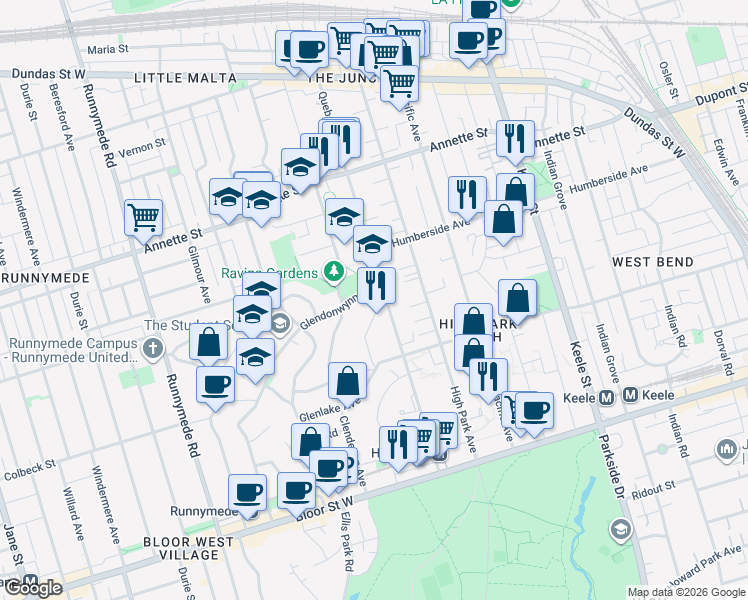map of restaurants, bars, coffee shops, grocery stores, and more near 108 Pine Crest Road in Toronto