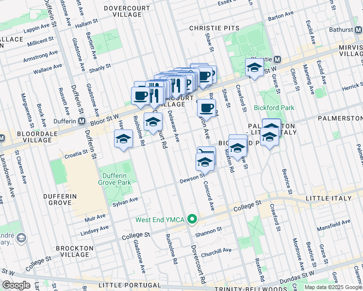 map of restaurants, bars, coffee shops, grocery stores, and more near 119 Delaware Avenue in Toronto