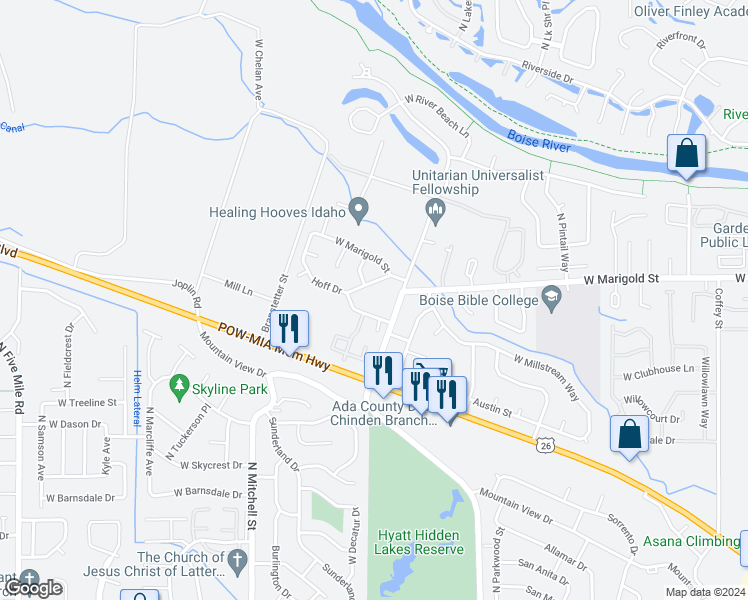 map of restaurants, bars, coffee shops, grocery stores, and more near 9485 Hoff Drive in Boise