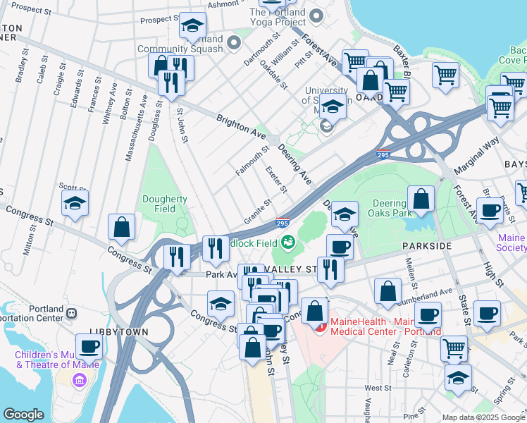 map of restaurants, bars, coffee shops, grocery stores, and more near 61 Granite Street in Portland