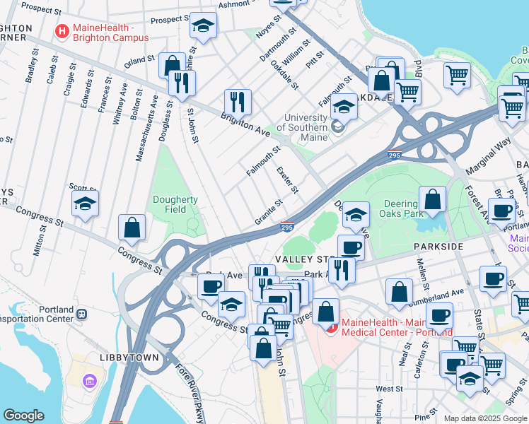 map of restaurants, bars, coffee shops, grocery stores, and more near 61 Granite Street in Portland
