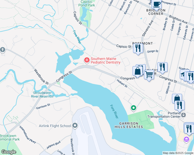 map of restaurants, bars, coffee shops, grocery stores, and more near 11 Brewer Street in Portland