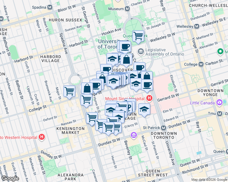 map of restaurants, bars, coffee shops, grocery stores, and more near in Toronto