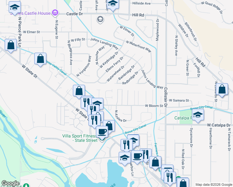 map of restaurants, bars, coffee shops, grocery stores, and more near 4249 North Azalea Lane in Boise