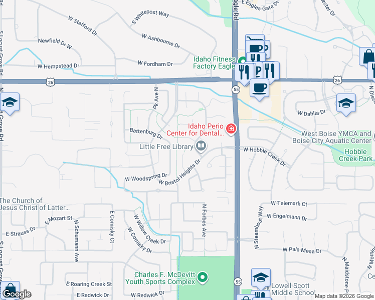 map of restaurants, bars, coffee shops, grocery stores, and more near 14101 West Guinness Court in Boise