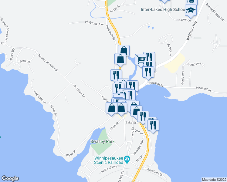 map of restaurants, bars, coffee shops, grocery stores, and more near 23 Saint James Street in Meredith