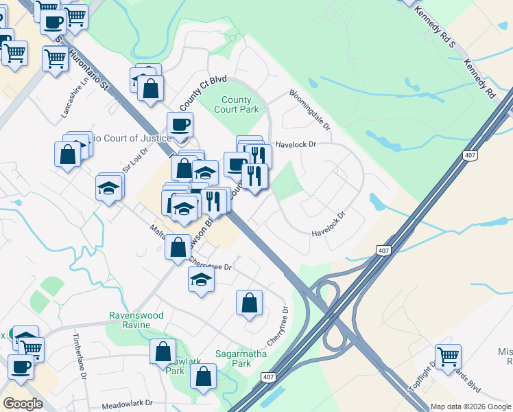 map of restaurants, bars, coffee shops, grocery stores, and more near 170 Havelock Drive in Brampton