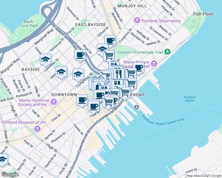 map of restaurants, bars, coffee shops, grocery stores, and more near 75 Market Street in Portland