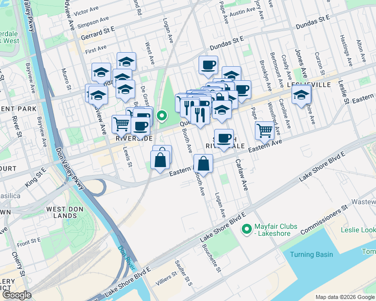 map of restaurants, bars, coffee shops, grocery stores, and more near 138 Booth Avenue in Toronto