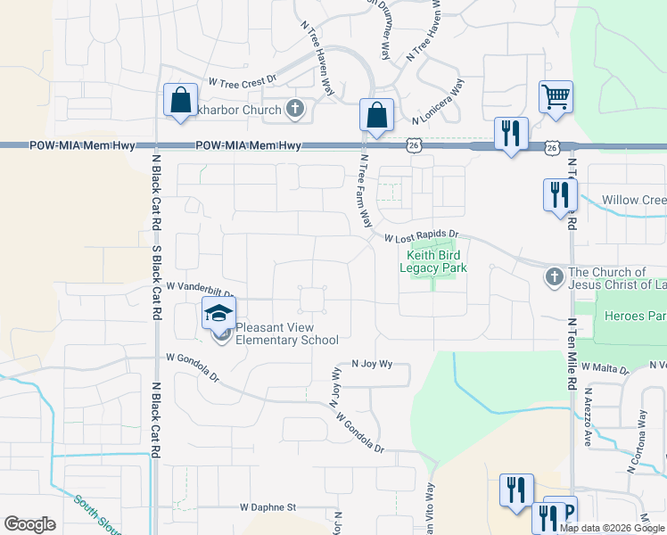 map of restaurants, bars, coffee shops, grocery stores, and more near 4102 West Wolf Rapids Drive in Meridian