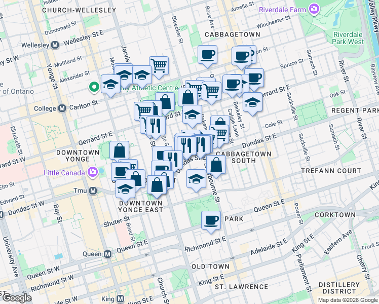 map of restaurants, bars, coffee shops, grocery stores, and more near 67 Pembroke Street in Toronto