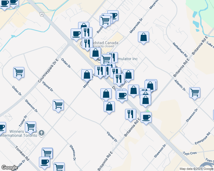 map of restaurants, bars, coffee shops, grocery stores, and more near 6200 Dixie Road in Mississauga