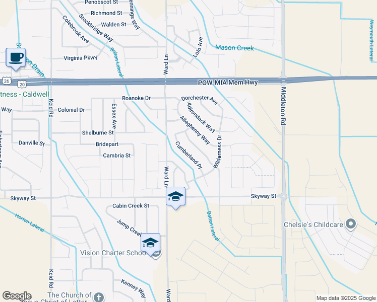 map of restaurants, bars, coffee shops, grocery stores, and more near 19682 Cumberland Way in Caldwell