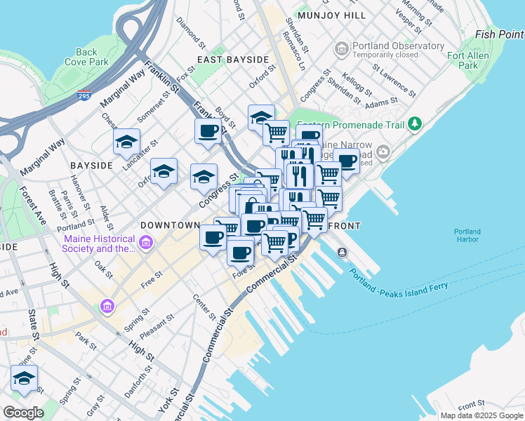 map of restaurants, bars, coffee shops, grocery stores, and more near 129 Middle Street in Portland