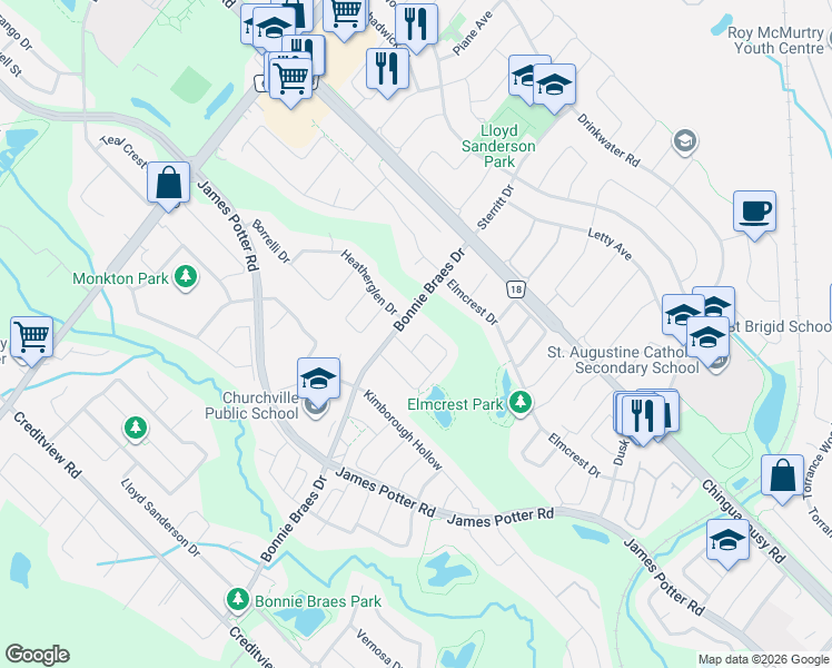 map of restaurants, bars, coffee shops, grocery stores, and more near 80 Midcrest Circle in Brampton