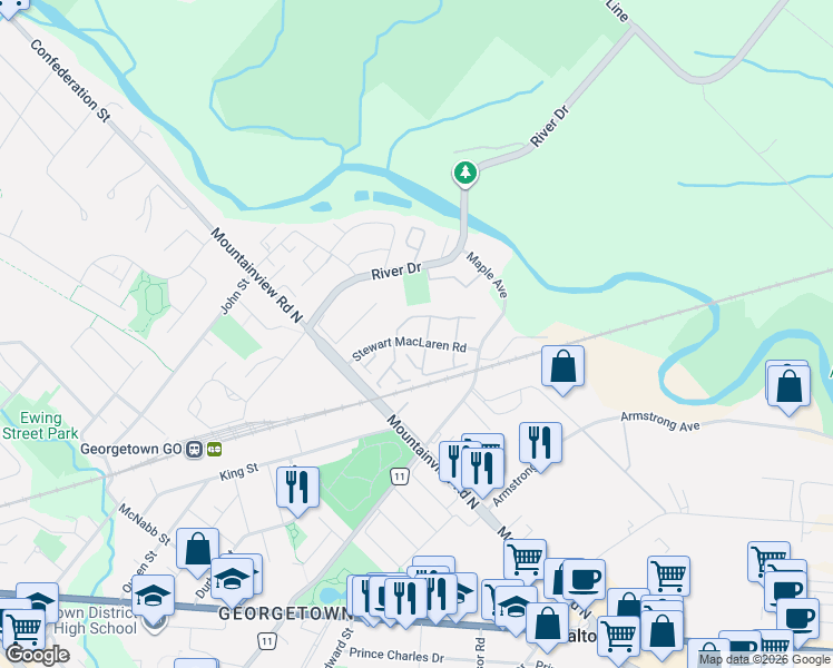 map of restaurants, bars, coffee shops, grocery stores, and more near 47 Stewart Maclaren Road in Halton Hills