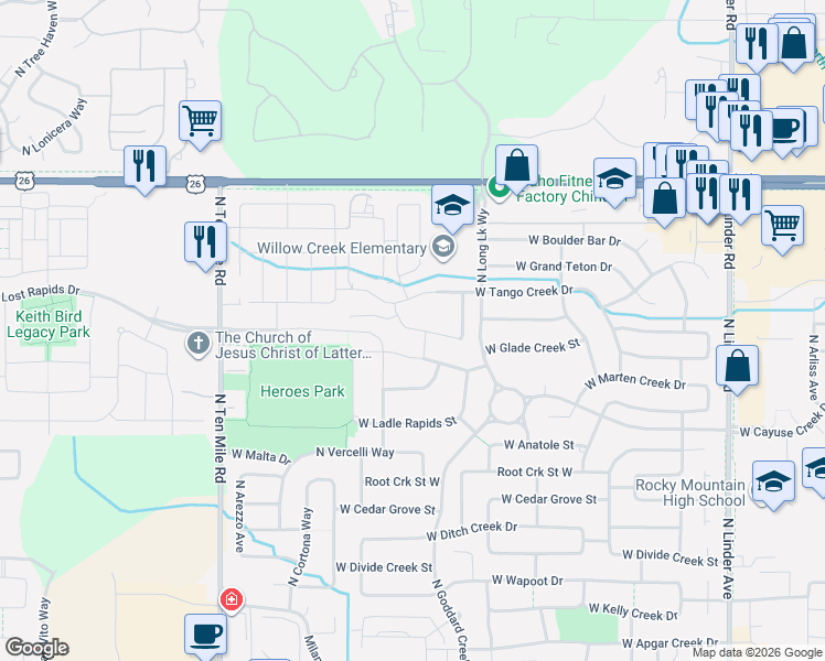 map of restaurants, bars, coffee shops, grocery stores, and more near 2552 West Glade Creek Street in Meridian