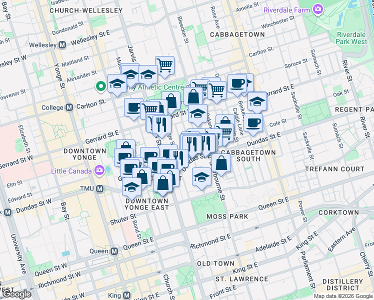 map of restaurants, bars, coffee shops, grocery stores, and more near in Toronto