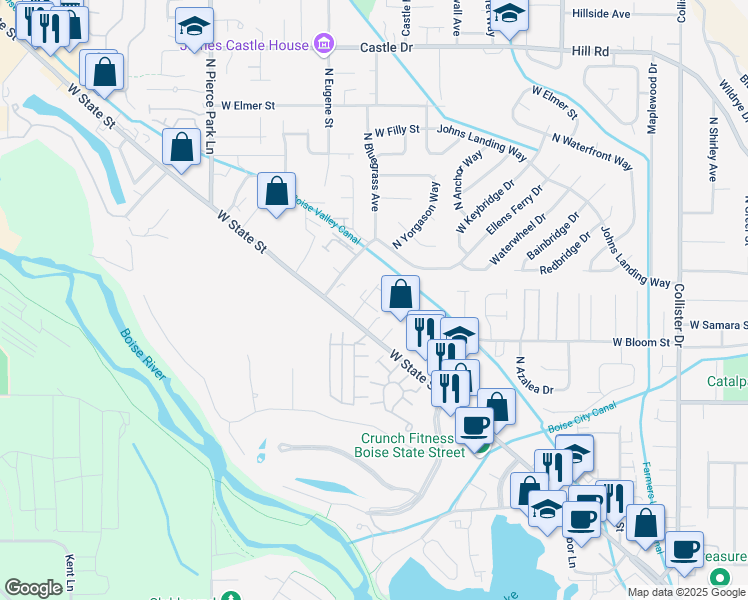 map of restaurants, bars, coffee shops, grocery stores, and more near 4263 North Yorgason Lane in Boise