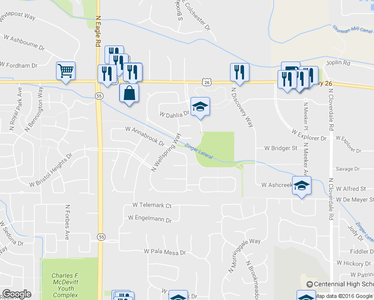 map of restaurants, bars, coffee shops, grocery stores, and more near 13232 West Annabrook Drive in Boise