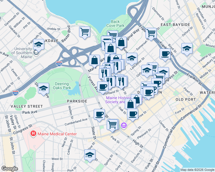 map of restaurants, bars, coffee shops, grocery stores, and more near 44 Hanover Street in Portland