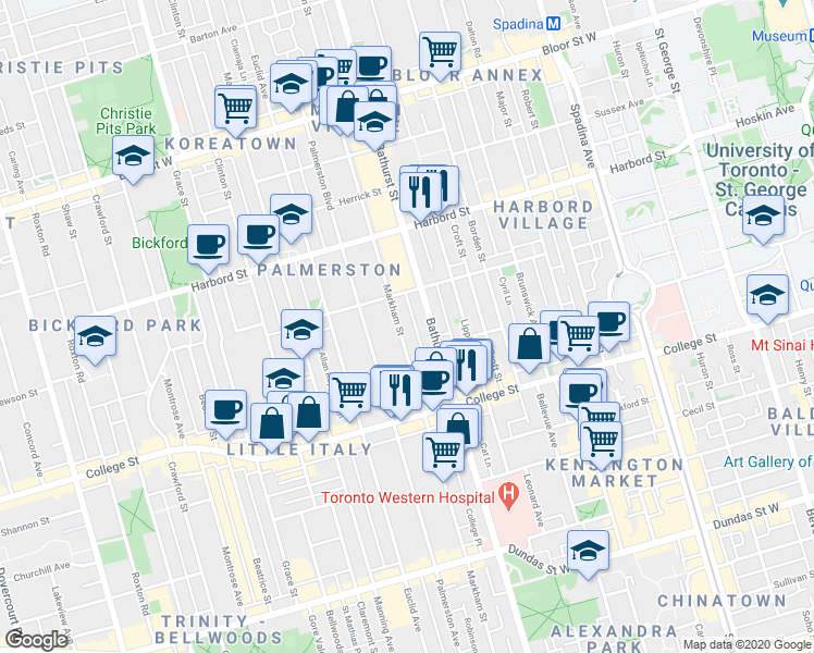 map of restaurants, bars, coffee shops, grocery stores, and more near 383 Markham Street in Toronto