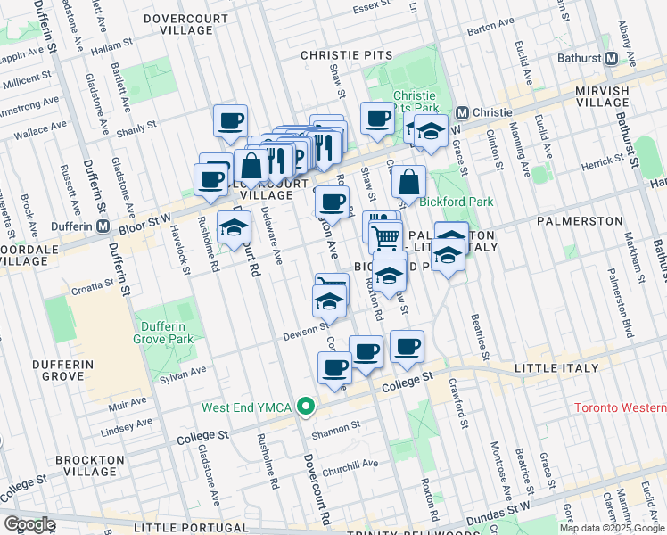 map of restaurants, bars, coffee shops, grocery stores, and more near in Toronto