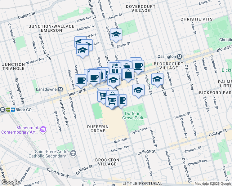 map of restaurants, bars, coffee shops, grocery stores, and more near in Toronto