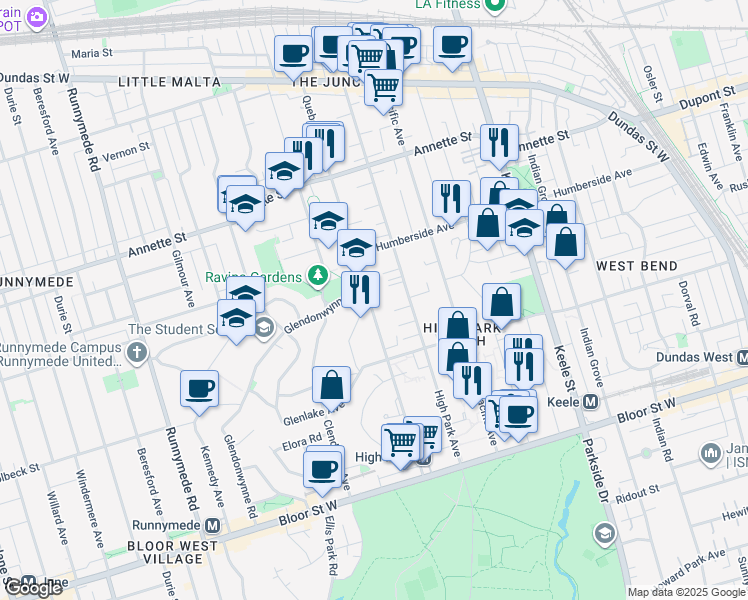 map of restaurants, bars, coffee shops, grocery stores, and more near in Toronto