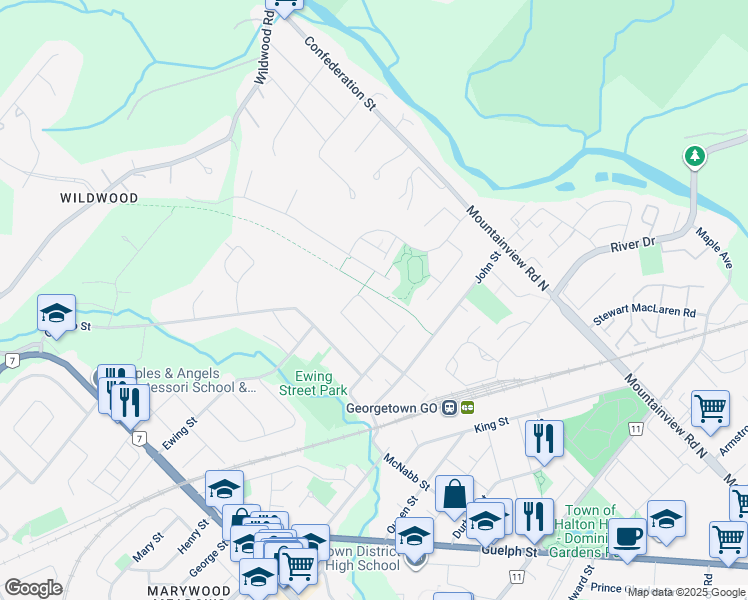 map of restaurants, bars, coffee shops, grocery stores, and more near in Halton Hills
