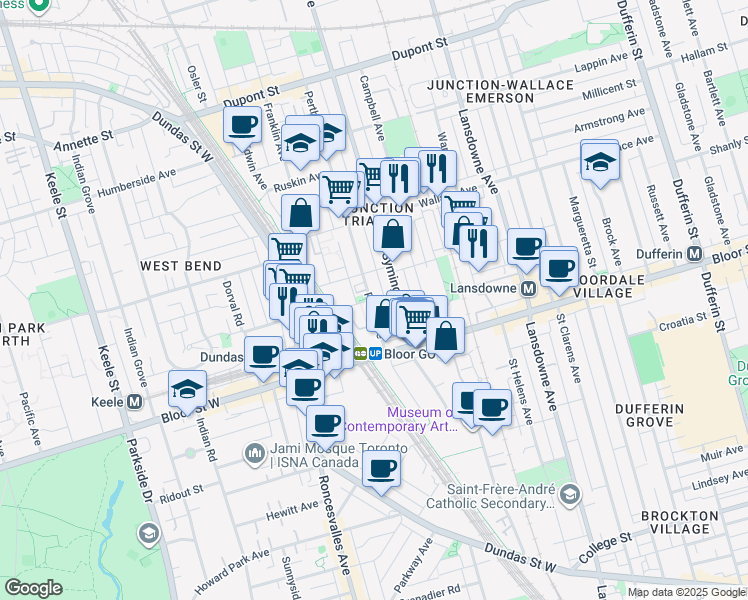 map of restaurants, bars, coffee shops, grocery stores, and more near 145 Perth Avenue in Toronto
