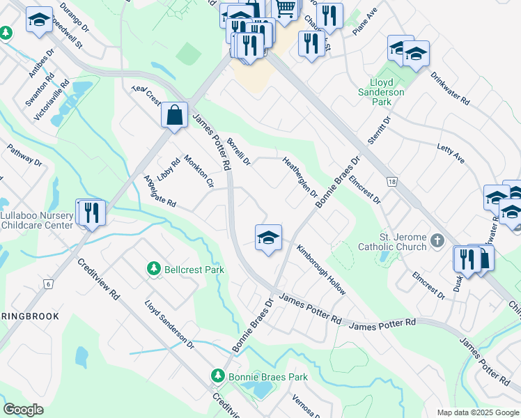 map of restaurants, bars, coffee shops, grocery stores, and more near Timbercove Road in Brampton