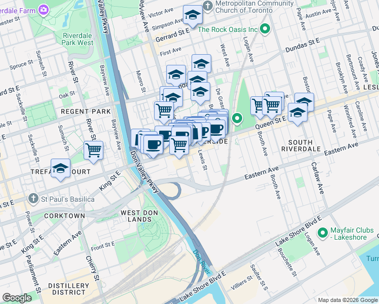 map of restaurants, bars, coffee shops, grocery stores, and more near 715 Queen Street East in Toronto
