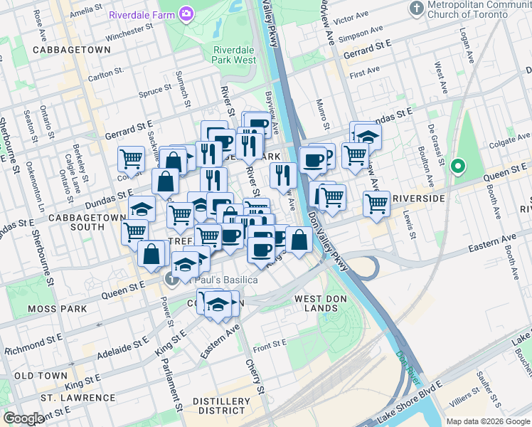 map of restaurants, bars, coffee shops, grocery stores, and more near 41 River Street in Toronto