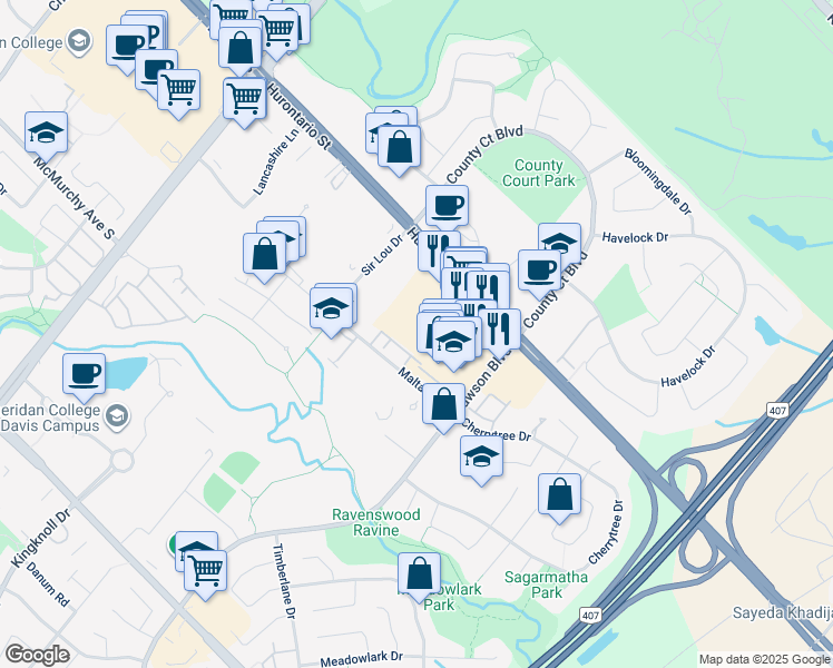 map of restaurants, bars, coffee shops, grocery stores, and more near 3208 Hurontario Street in Brampton