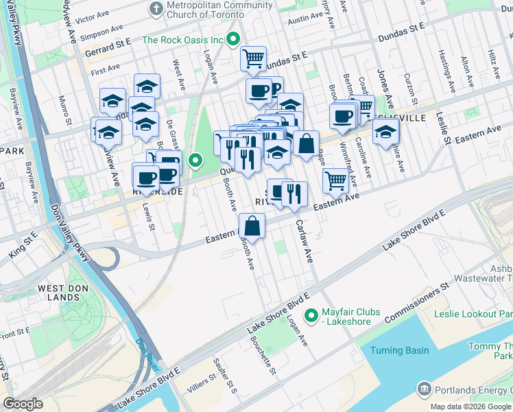 map of restaurants, bars, coffee shops, grocery stores, and more near 177 Logan Avenue in Toronto