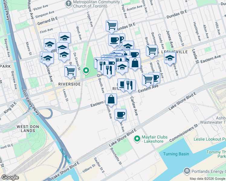 map of restaurants, bars, coffee shops, grocery stores, and more near 177 Logan Avenue in Toronto