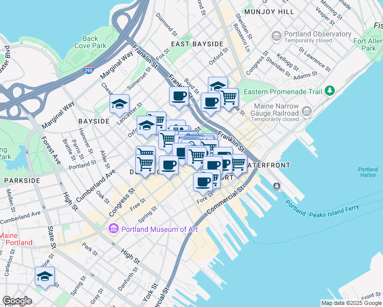 map of restaurants, bars, coffee shops, grocery stores, and more near 156 Federal Street in Portland